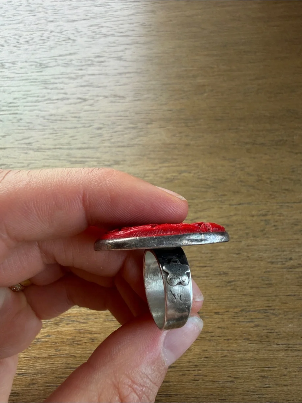 Red Cinnebar Bird and Floral ring size 7 in Sterling Silver - Women Jewelry